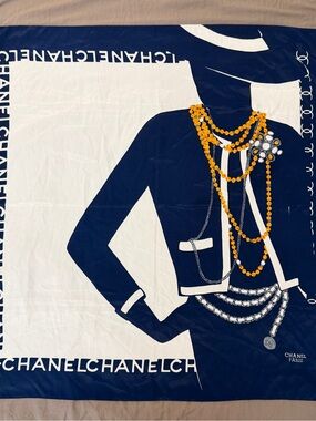 CHANEL Navy, White & Gold Graphic Silk Scarf